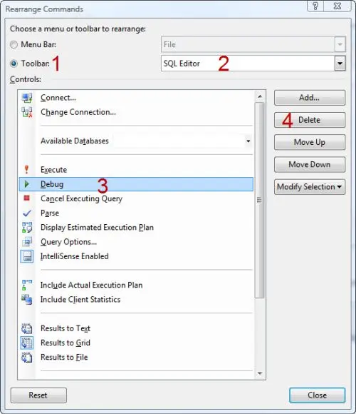 SQL SERVER - 2008 - Customize Toolbar - Remove Debug Button from Toolbar