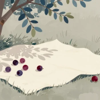 Plums on a canvas sheet under a plum tree, with a few that rolled off its edge into the long grass.