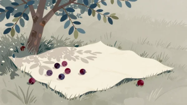 Plums on a canvas sheet under a plum tree, with a few that rolled off its edge into the long grass.