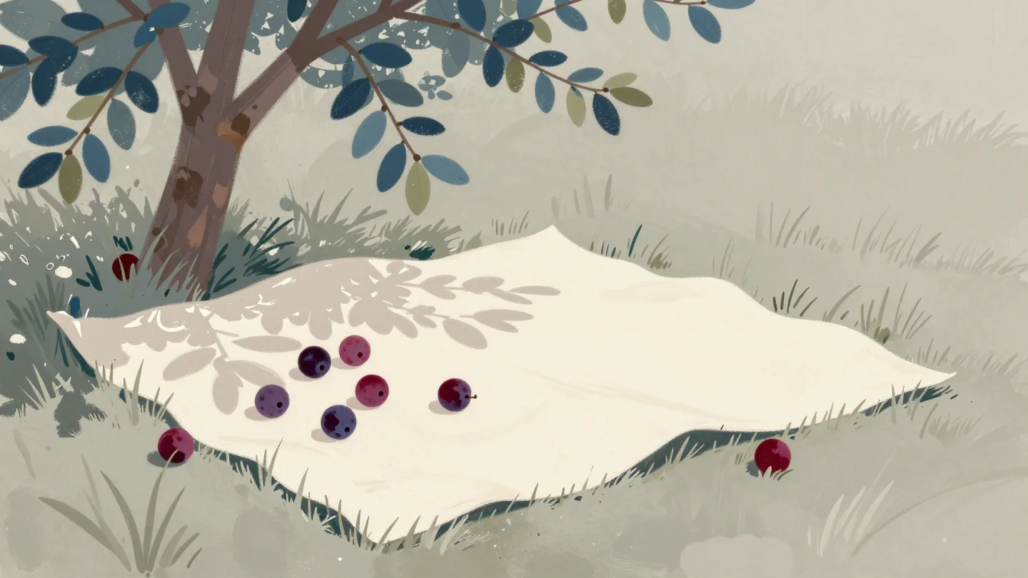 Plums on a canvas sheet under a plum tree, with a few that rolled off its edge into the long grass.