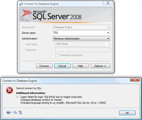 SQL SERVER - Fix : Error : 17892 Logon failed for login due to trigger execution. Changed database context to 'master'.