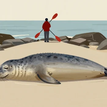 A grey seal asleep across the only path to a cove while a person with a red paddle waits behind it