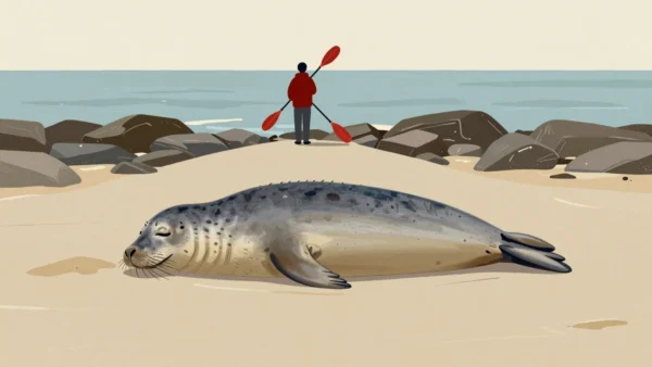 A grey seal asleep across the only path to a cove while a person with a red paddle waits behind it