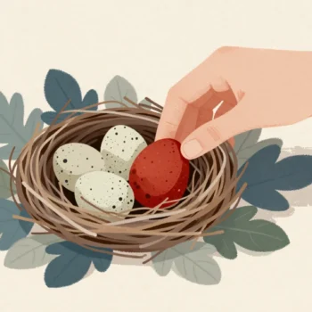 A nest of small speckled eggs with one larger red egg that does not belong