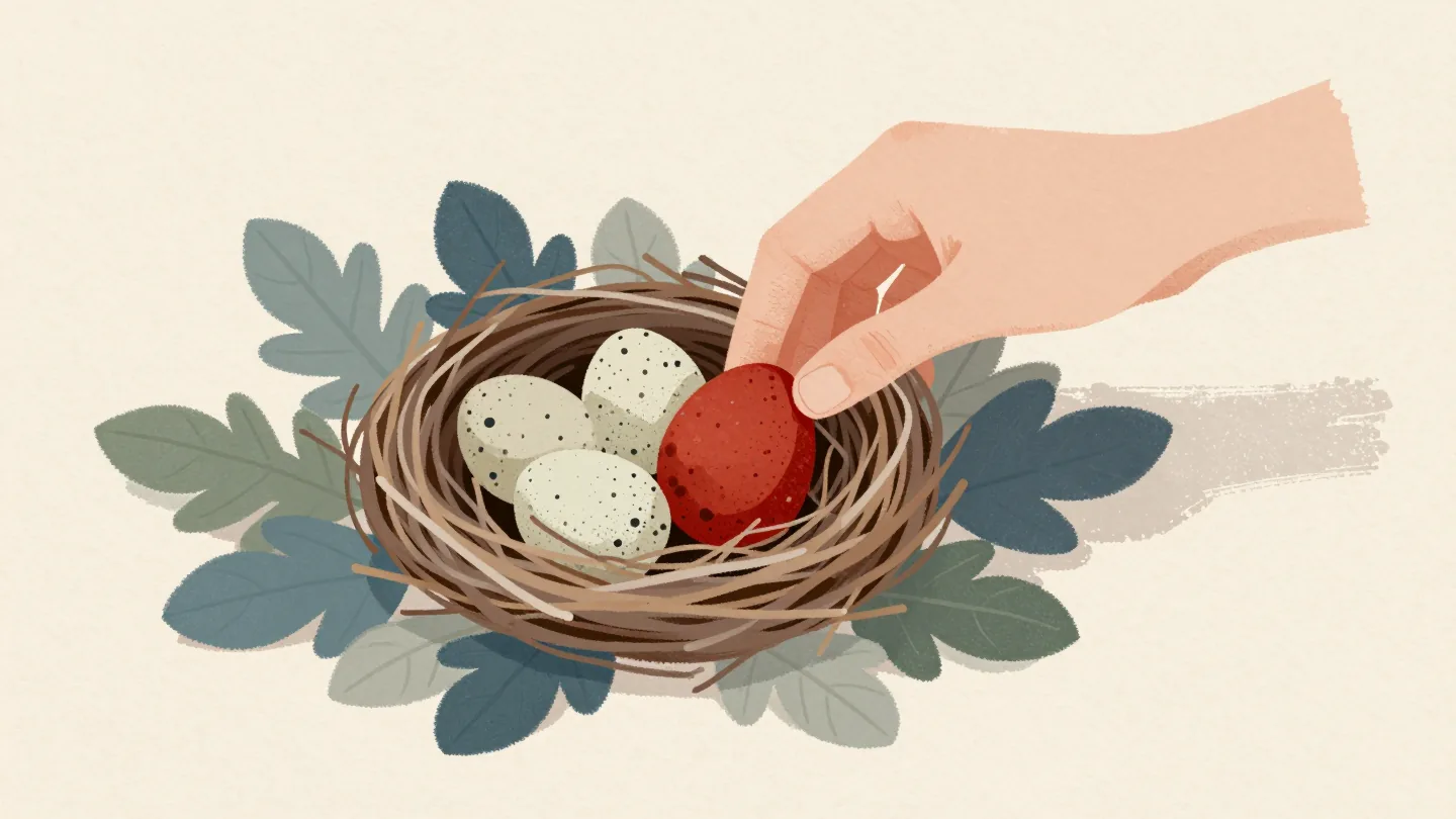 A nest of small speckled eggs with one larger red egg that does not belong