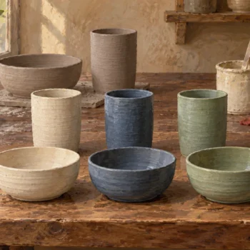 Three bowls and three tall ceramic cups arranged by cream, blue and sage glaze.
