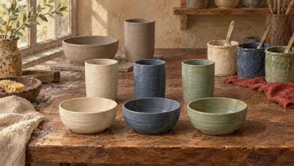 Three bowls and three tall ceramic cups arranged by cream, blue and sage glaze.