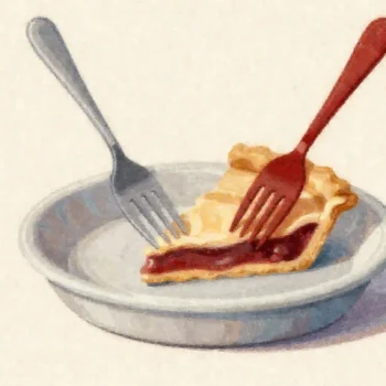 Two forks, one red, pressing into the last slice of pie at the same moment