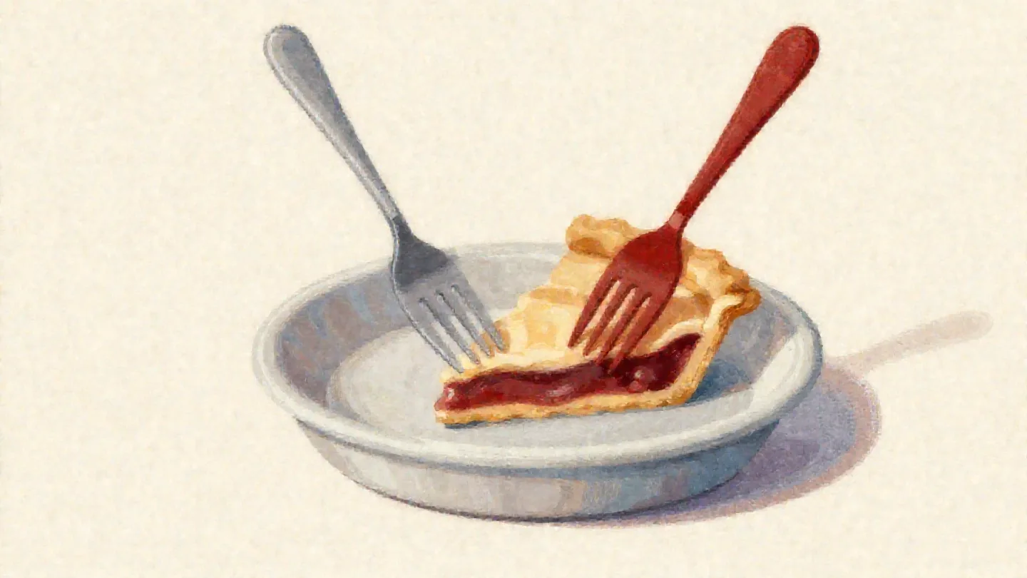 Two forks, one red, pressing into the last slice of pie at the same moment