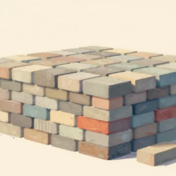 Gouache painting: beside an open brick kiln, the whole firing is stacked in neat rows, each brick slightly different in shade and length