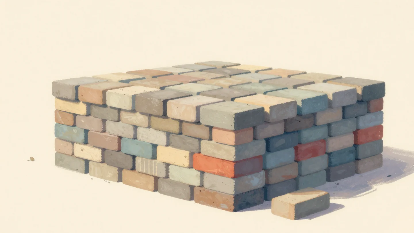 Gouache painting: beside an open brick kiln, the whole firing is stacked in neat rows, each brick slightly different in shade and length