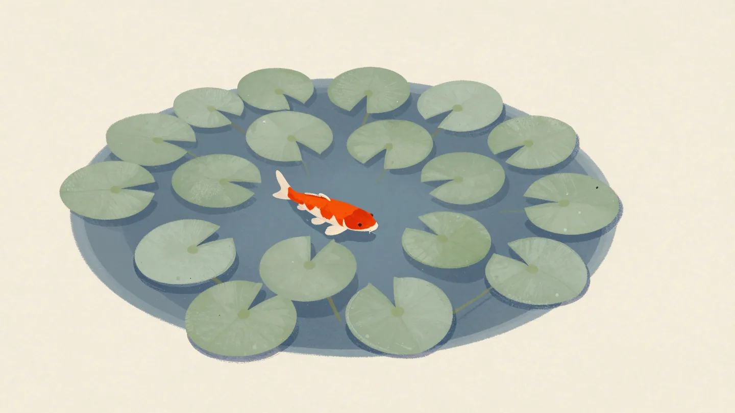 A pond covered in lily pads with one red koi showing in a gap