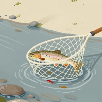 A landing net lifted from a clear stream holds one large trout while small fish slip back through the mesh.