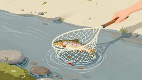 A landing net lifted from a clear stream holds one large trout while small fish slip back through the mesh.