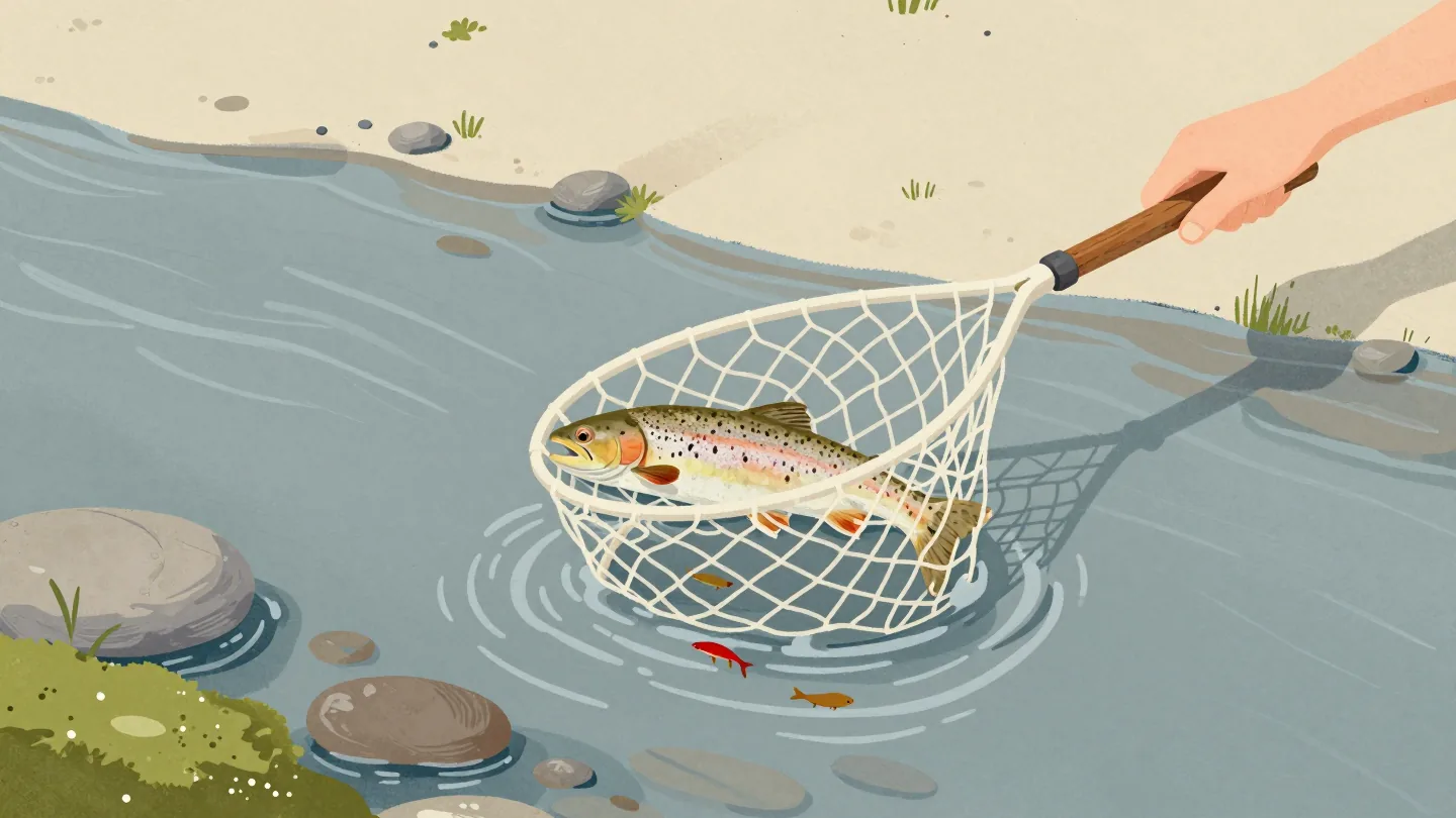 A landing net lifted from a clear stream holds one large trout while small fish slip back through the mesh.