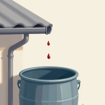 A leaking gutter dripping into a nearly full rain barrel on a bright dry day, one drop caught in mid-fall.