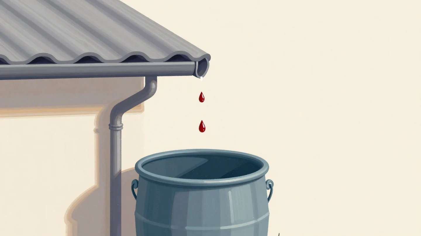 A leaking gutter dripping into a nearly full rain barrel on a bright dry day, one drop caught in mid-fall.
