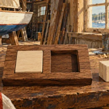 Detailed painting of a boatyard inspection board with one filled square recess, one empty recess, and a matching loose block on the workbench.