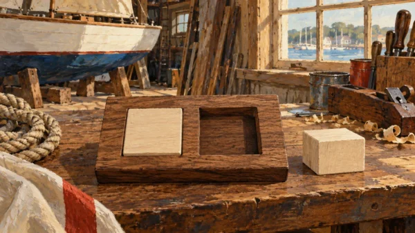 Detailed painting of a boatyard inspection board with one filled square recess, one empty recess, and a matching loose block on the workbench.