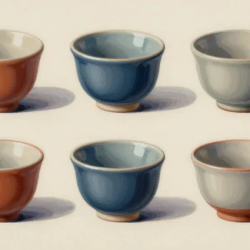 Six empty ceramic cups in two rows, with terracotta, blue and pale glazes.