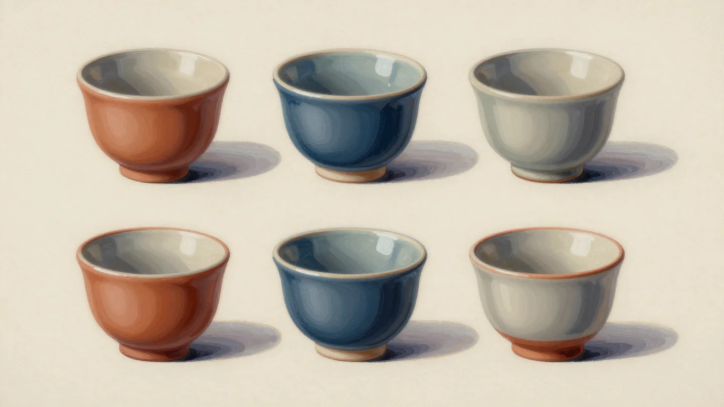 Six empty ceramic cups in two rows, with terracotta, blue and pale glazes.
