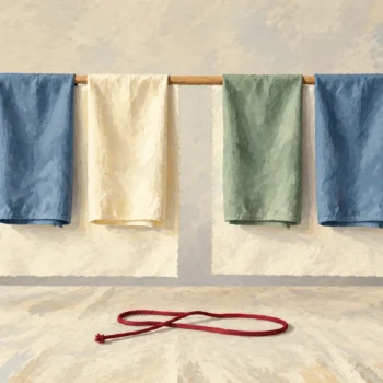 Two groups of sage, blue and cream cloths hang above a table with a red cord.