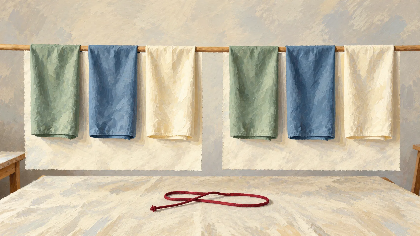 Two groups of sage, blue and cream cloths hang above a table with a red cord.