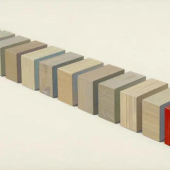 Unmarked wooden blocks in natural cream and slate tones stand in a row beside a red end block on textured off-white paper.