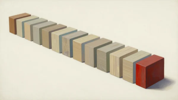 Unmarked wooden blocks in natural cream and slate tones stand in a row beside a red end block on textured off-white paper.