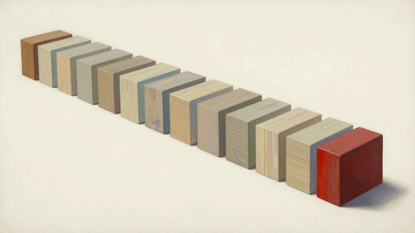 Unmarked wooden blocks in natural cream and slate tones stand in a row beside a red end block on textured off-white paper.