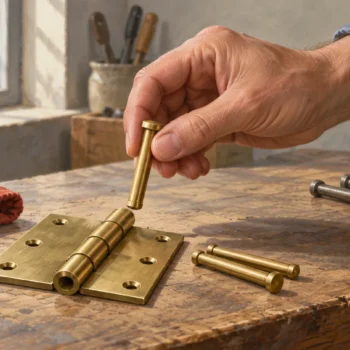 A hand fits a brass hinge pin while matching spare pins lie on the bench.