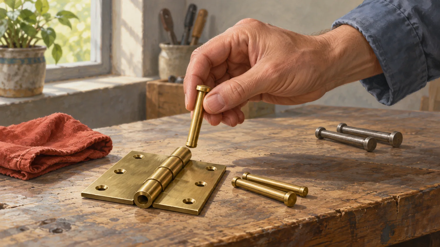 A hand fits a brass hinge pin while matching spare pins lie on the bench.