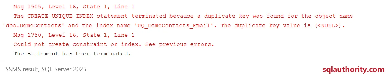 Messages 1505 and 1750 report a duplicate NULL key and failure to create a unique constraint.