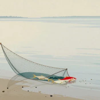 A fishing net hauled onto a jetty holds a few whole fish while sand and pebbles stream through its mesh.
