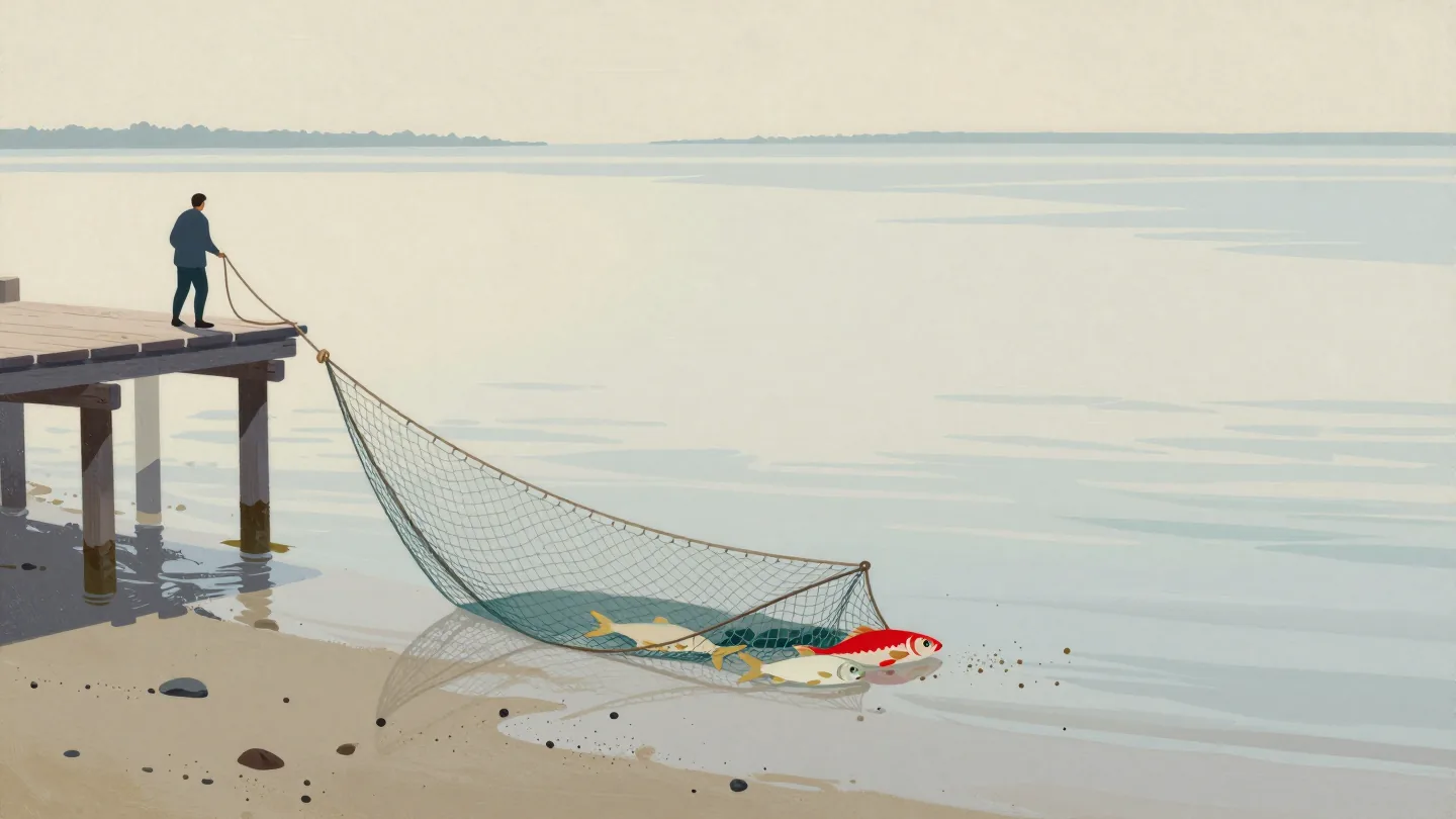 A fishing net hauled onto a jetty holds a few whole fish while sand and pebbles stream through its mesh.