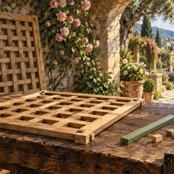 Two wooden lattice panels, one flat and one upright, beside a loose sage slat and small wooden blocks.