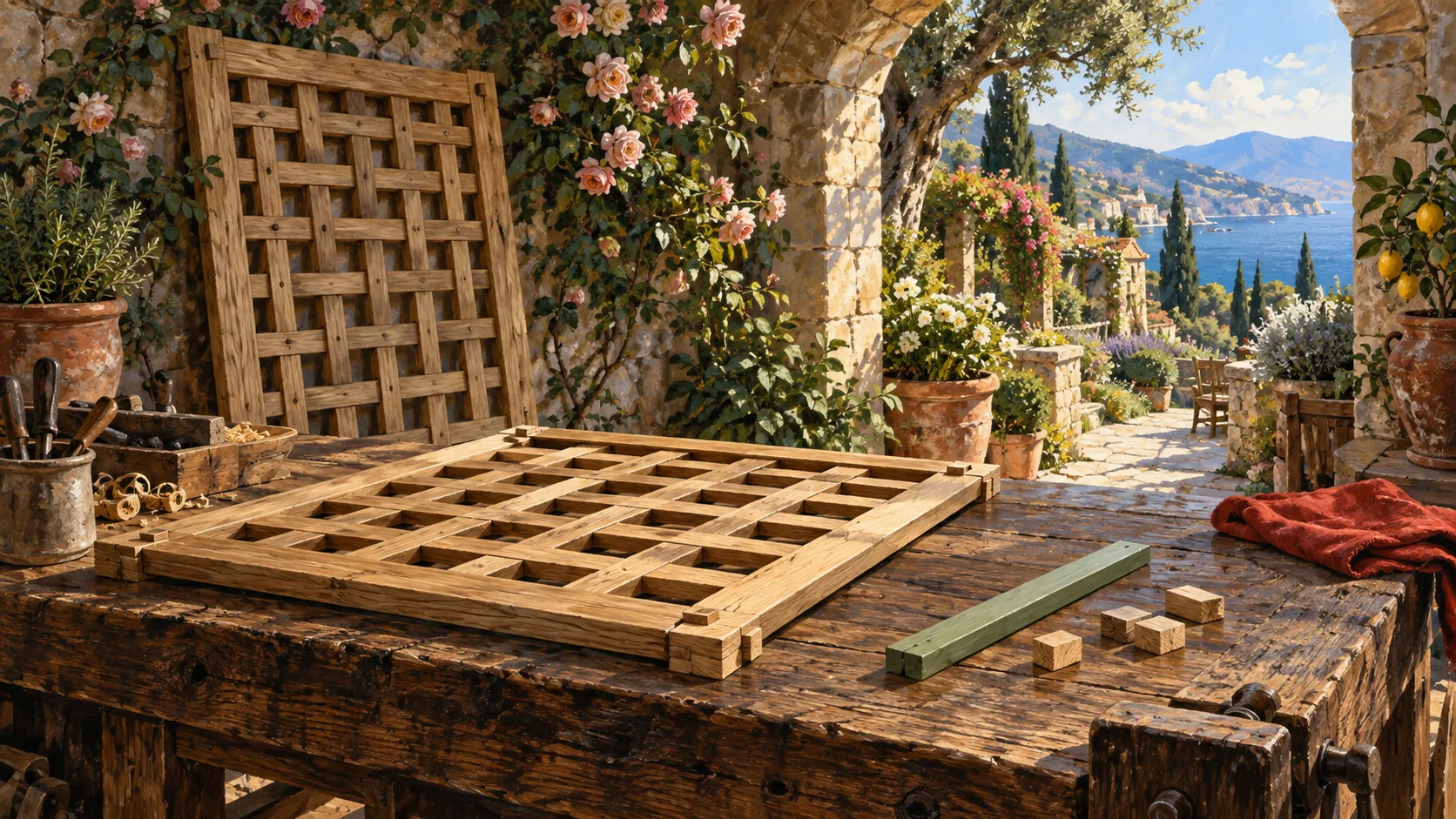 Two wooden lattice panels, one flat and one upright, beside a loose sage slat and small wooden blocks.