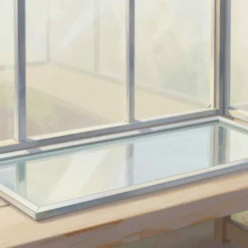 Gouache painting: on a greenhouse bench a rectangular pane of glass lies beside an empty wooden frame of the same outer size, its four rails joined with open air inside