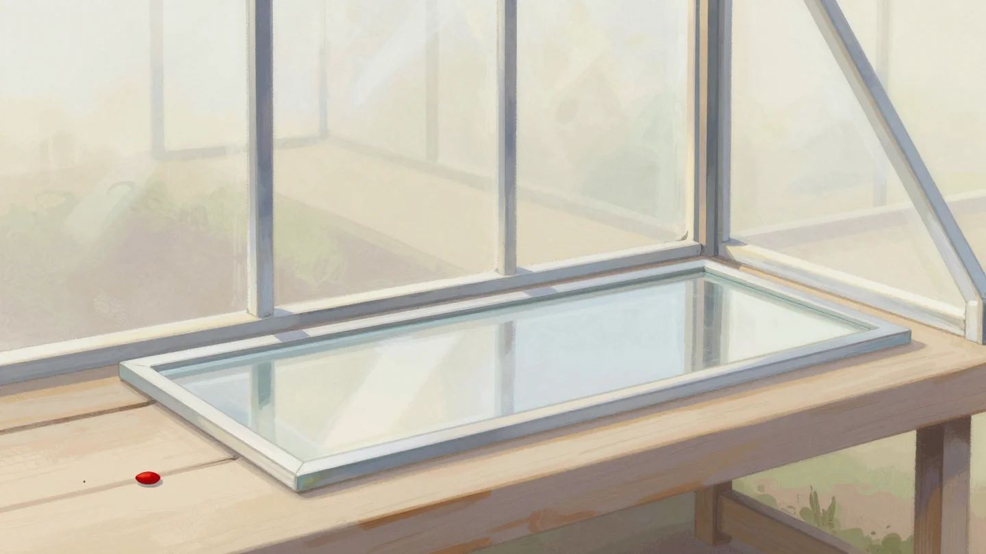 Gouache painting: on a greenhouse bench a rectangular pane of glass lies beside an empty wooden frame of the same outer size, its four rails joined with open air inside
