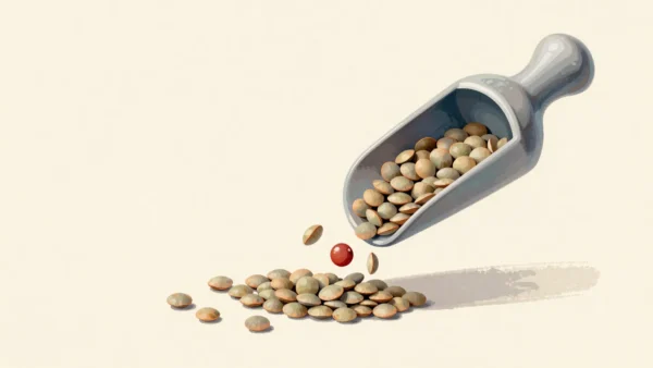 Unsorted lentils pouring into a grinder with a red pebble among them