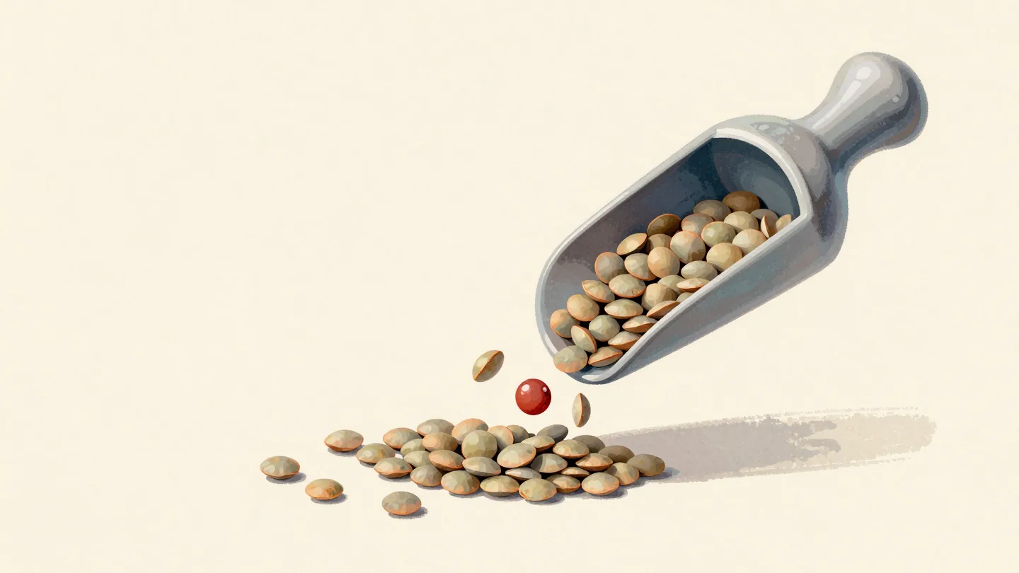 Unsorted lentils pouring into a grinder with a red pebble among them