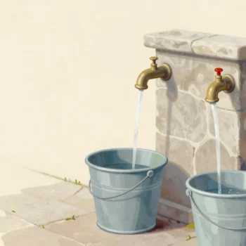 A village water trough with several spouts, one fitted with a brass restrictor that narrows its stream.