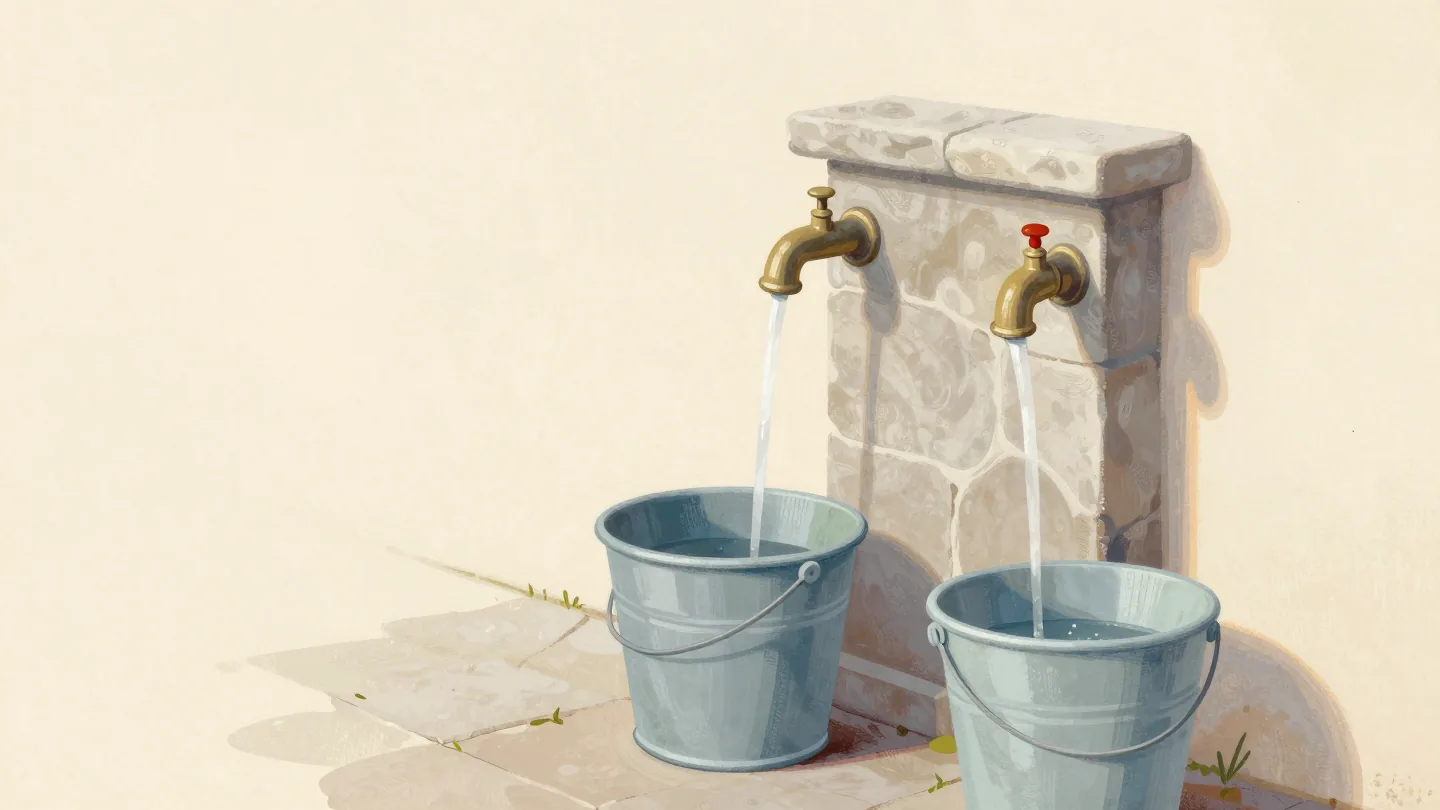 A village water trough with several spouts, one fitted with a brass restrictor that narrows its stream.