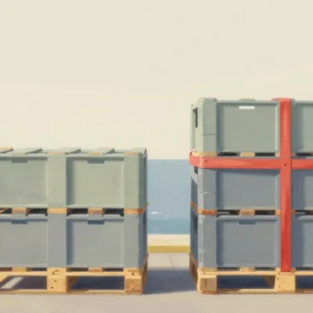 Gouache painting: on a harbor quay, two pallet stacks of identical crates stand side by side after the same loading step