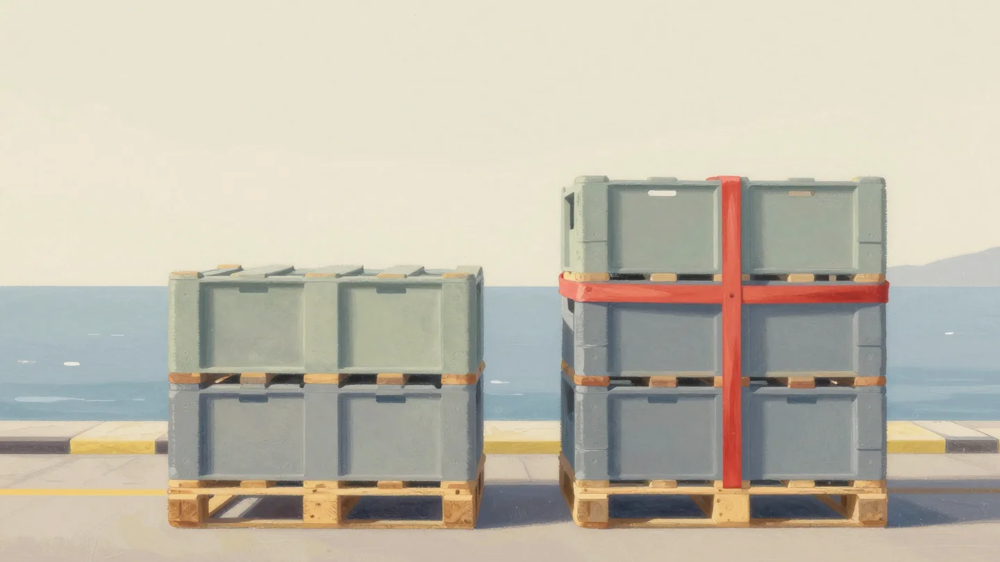 Gouache painting: on a harbor quay, two pallet stacks of identical crates stand side by side after the same loading step