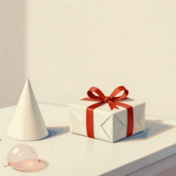An unopened present with a red ribbon beside flat balloons and a party hat on a hall table