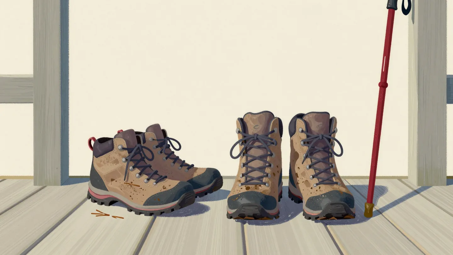 Muddy new hiking boots beside a worn old pair on a porch step, a walking stick leaning on the rail.