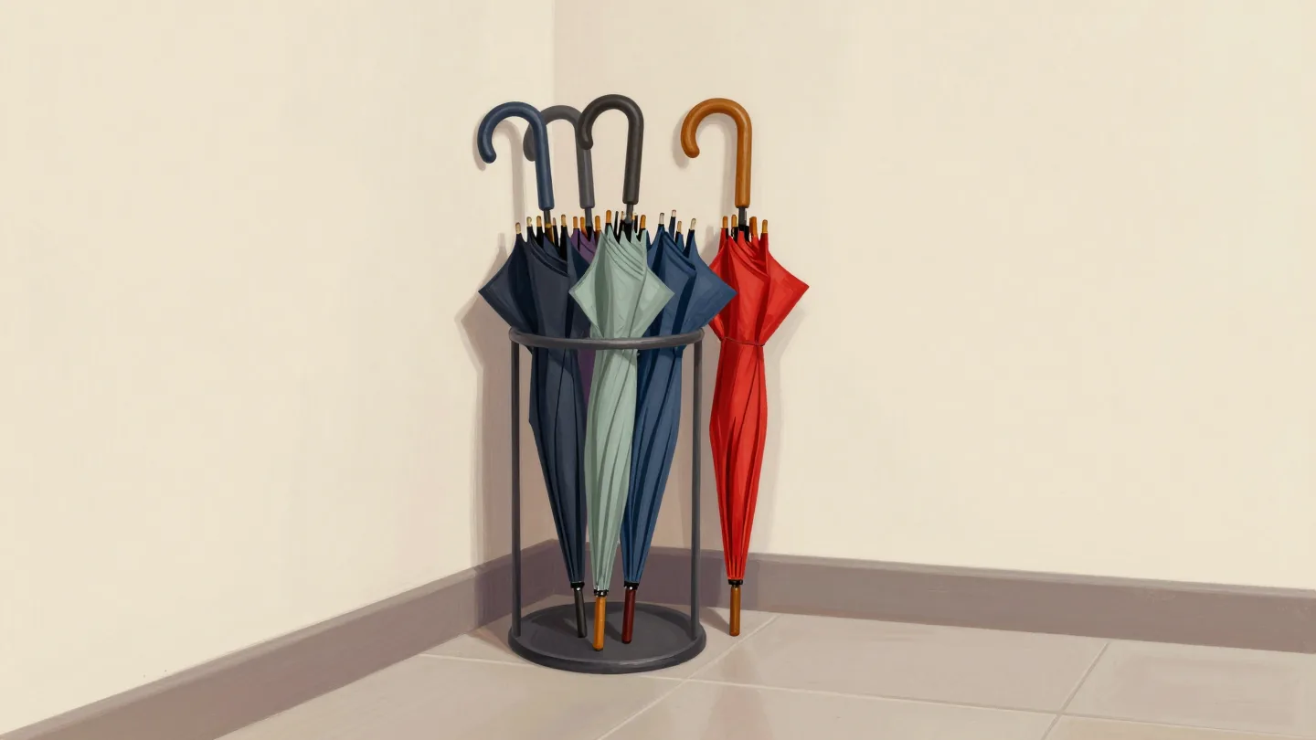 An overcrowded umbrella stand of cheap folding umbrellas squeezing out one worn red umbrella