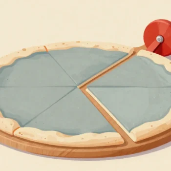 A round pizza cut from two slightly different starting points, leaving one narrow sliver between the cuts.