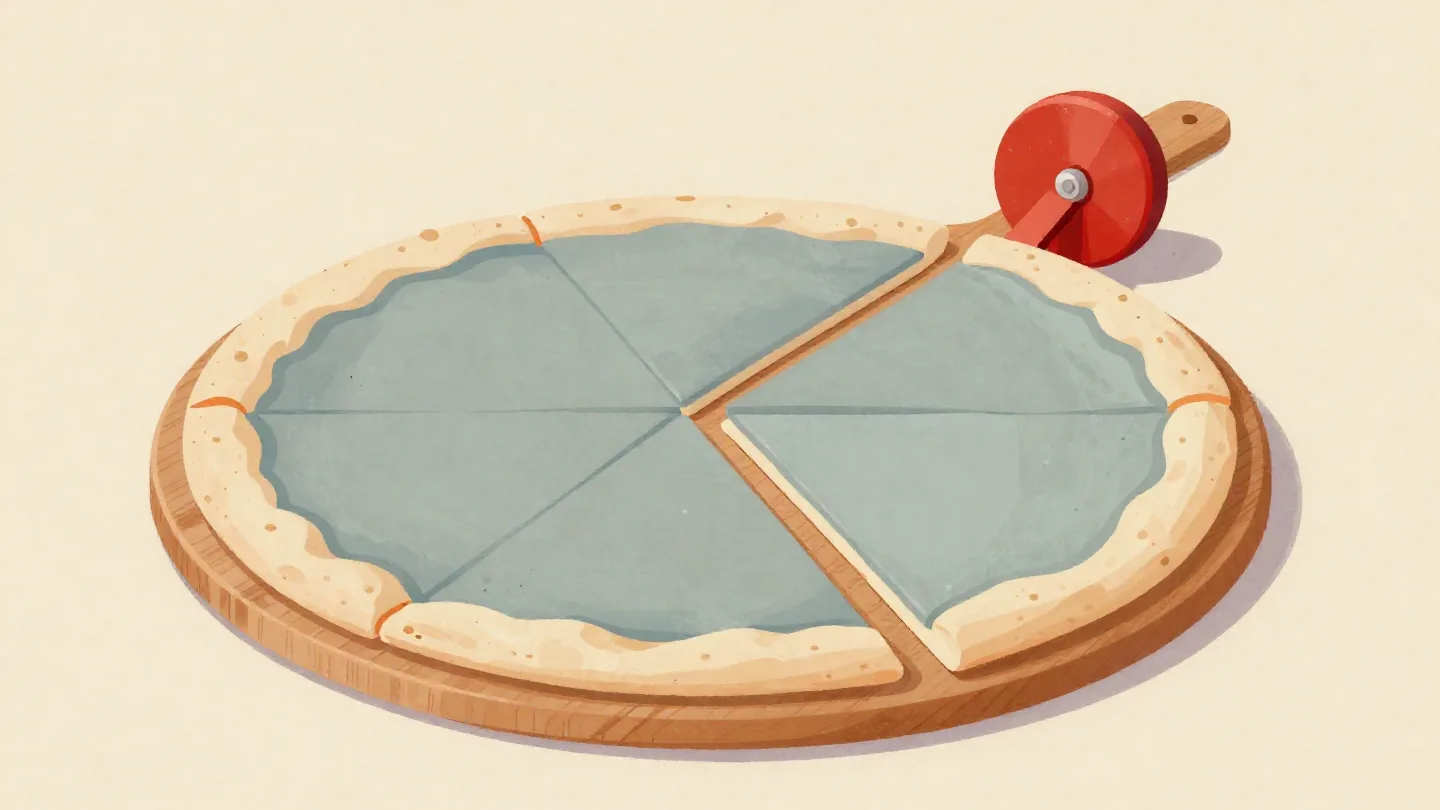 A round pizza cut from two slightly different starting points, leaving one narrow sliver between the cuts.